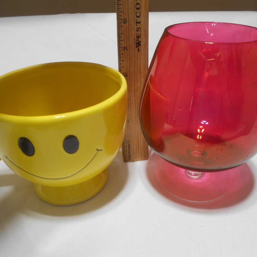 2 Decor pcs: 6" Glass Brandy Snifter & porcelain Teleflora Smiley Face Mug Cup